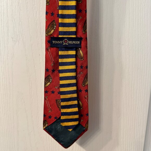 Tommy Hilfiger | VTG Red Men's Tie 100% Imported Silk Golf Italy Made USA Stripe - Picture 8 of 11